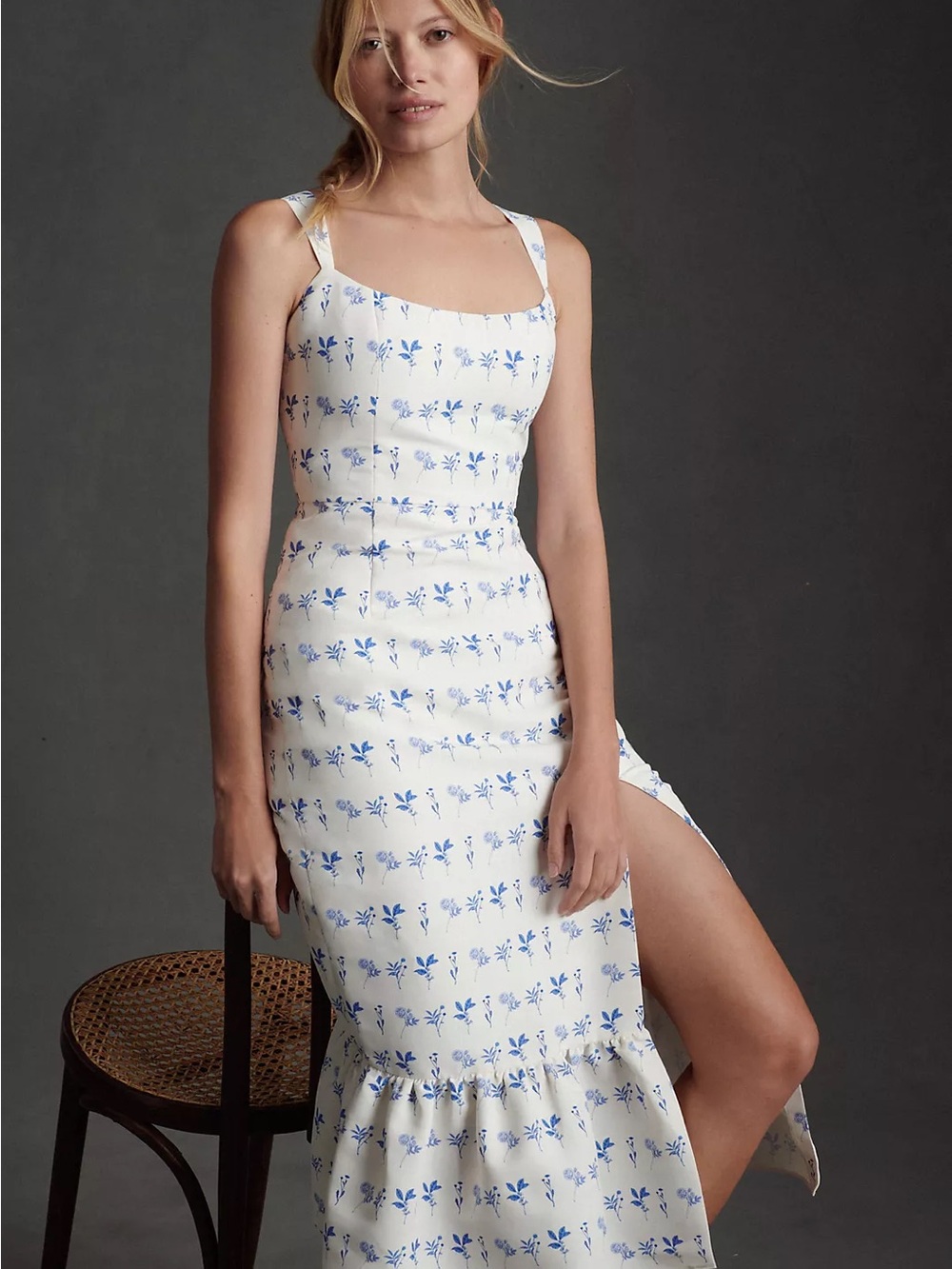 Sachin + Babi White Midi Dress with Blue Floral Print and Front Slit - Picture 2 of 10